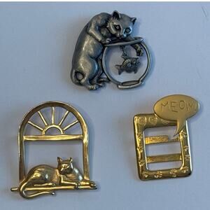 Lot of 3 Vintage JJ Jonette Marked Kitty Cat Lapel Pin Brooch Whimsical MCM